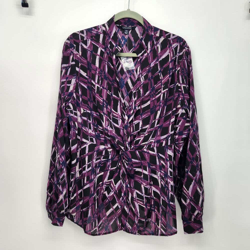 NWOT Chadwicks Purple Black Abstract Window Pane V-Neck Plus‎ Blouse Women's 20W